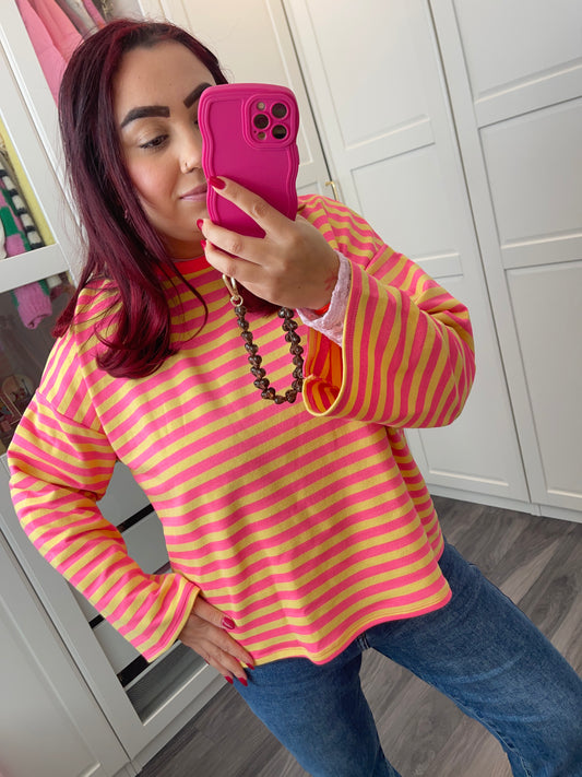 Gestreepte sweater roze/geel