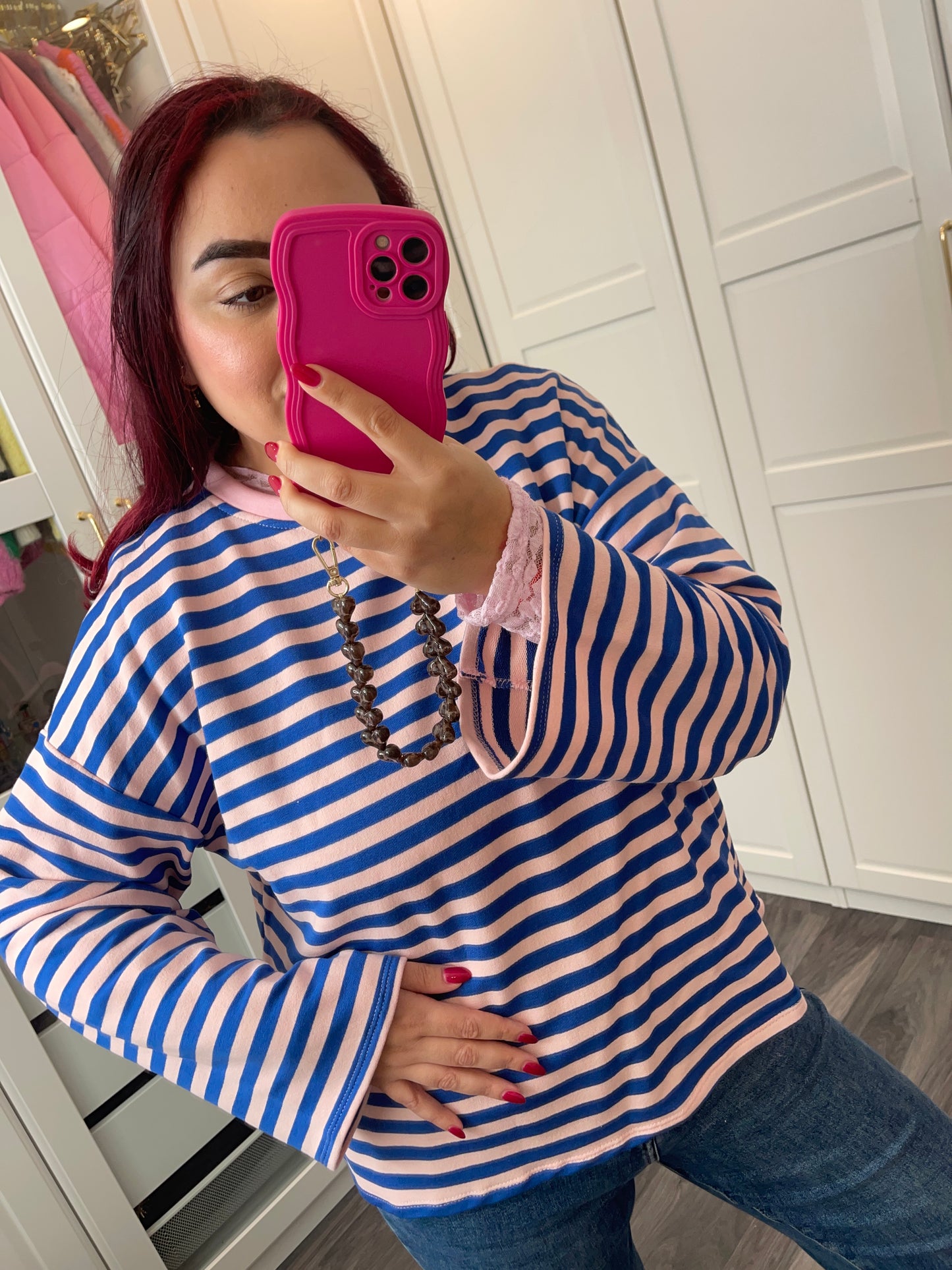 Gestreepte sweater roze/blauw