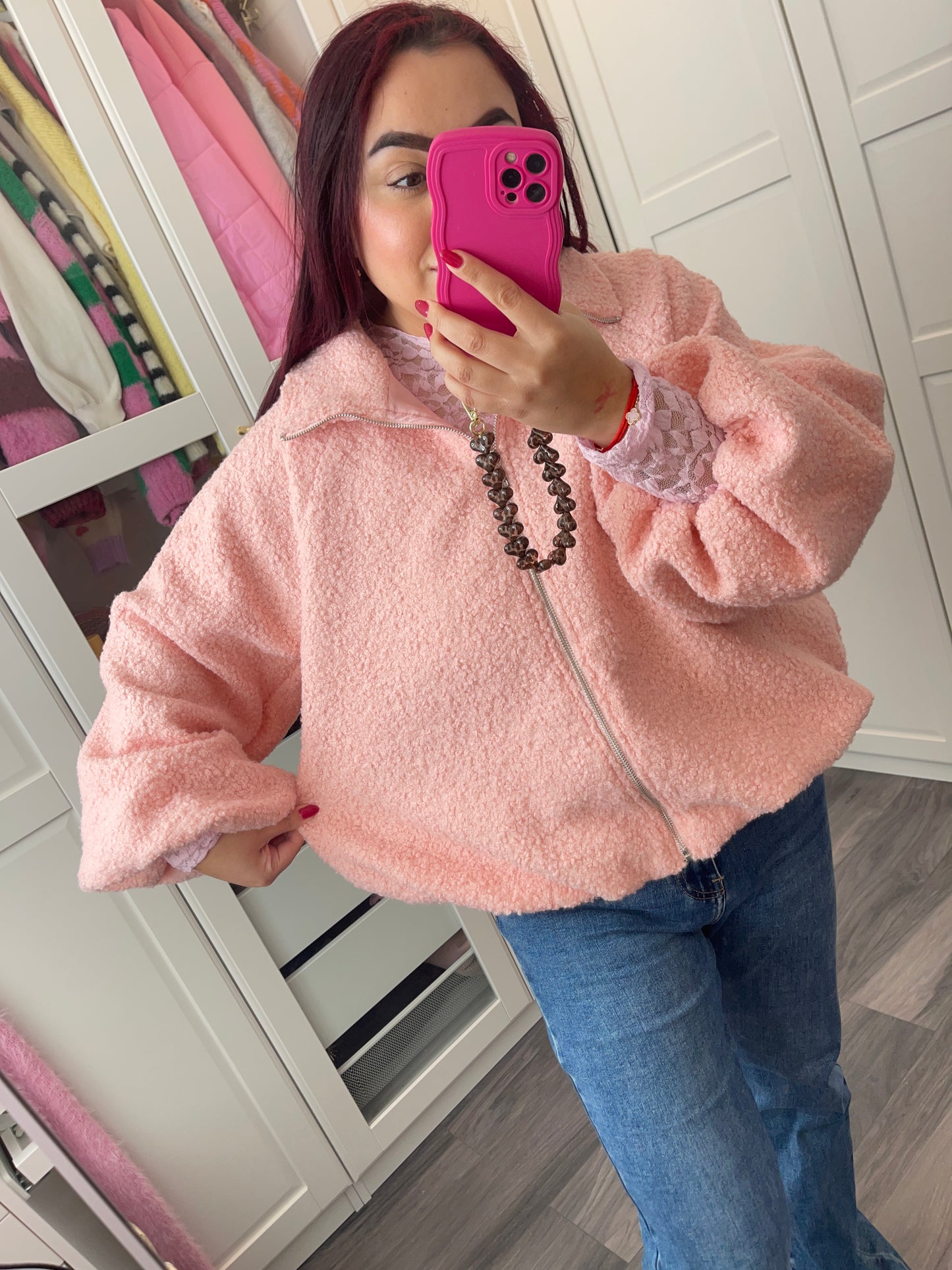 Teddy bomber jas roze