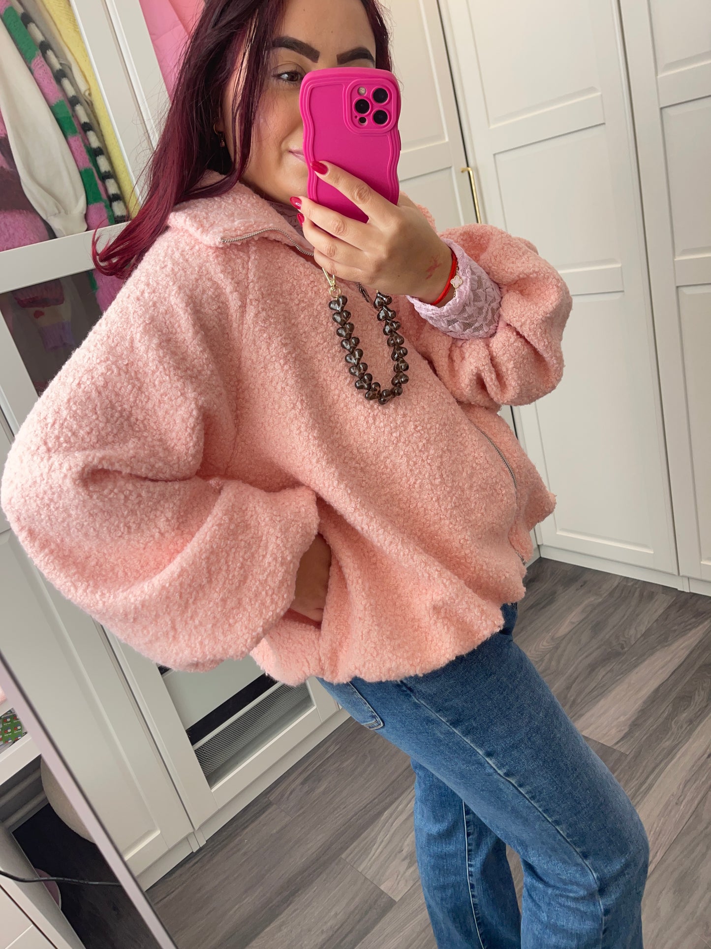Teddy bomber jas roze