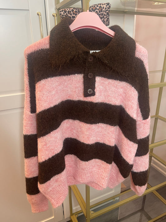 Gestreepte knit met kraag & knoopjes lichtroze