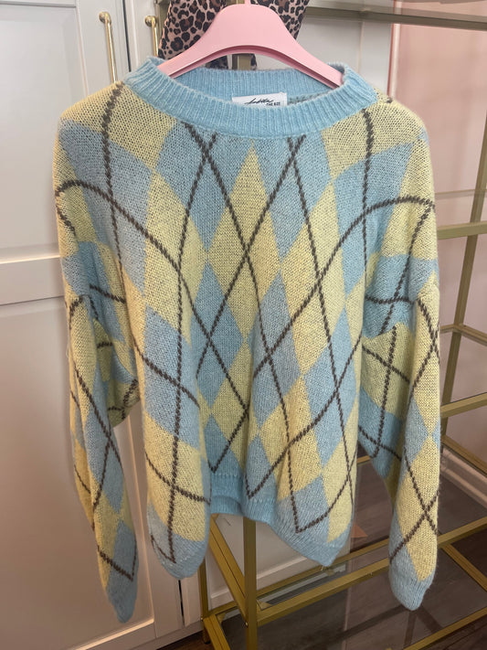 Knit trui met ruitpatroon lichtblauw/geel