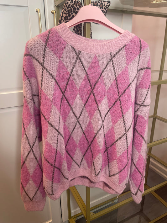 Knit trui met ruitpatroon roze/grijs